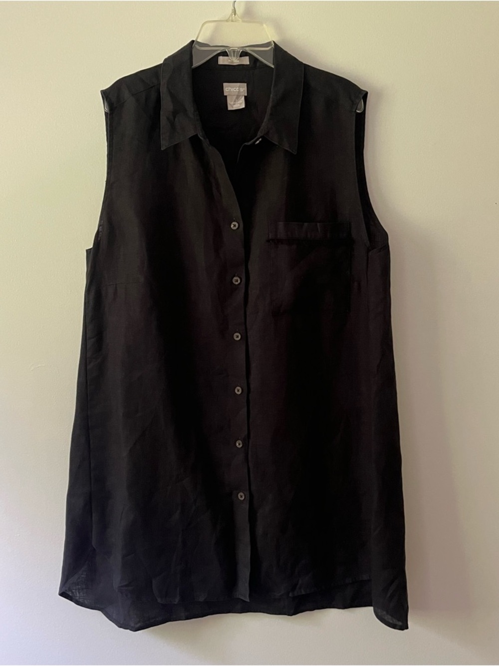 Chico's Linen Tunic Sleeveless Button Down Shirt 3 Black Non-Iron Breathable